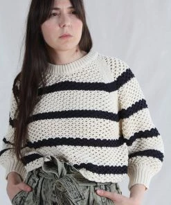 Apiece Apart Merel Funnel Neck Cream Navy Stripe