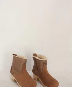 No.6 5" Pull On Shearling Clog Boot On Mid Heel Honey Aviator Shoes