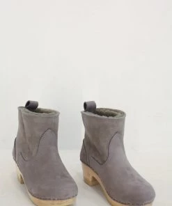 No.6 5'' Pull On Shearling Clog Boot Mid Heel Smoke Suede