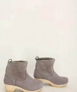 No.6 5'' Pull On Shearling Clog Boot Mid Heel Smoke Suede