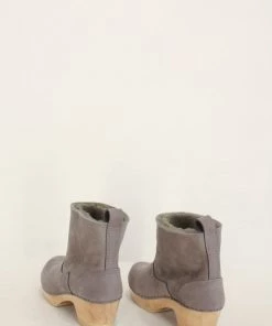 No.6 5'' Pull On Shearling Clog Boot Mid Heel Smoke Suede