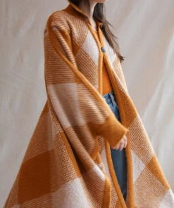 Misha & Puff Wide Plaid Poncho Marigold Outerwear